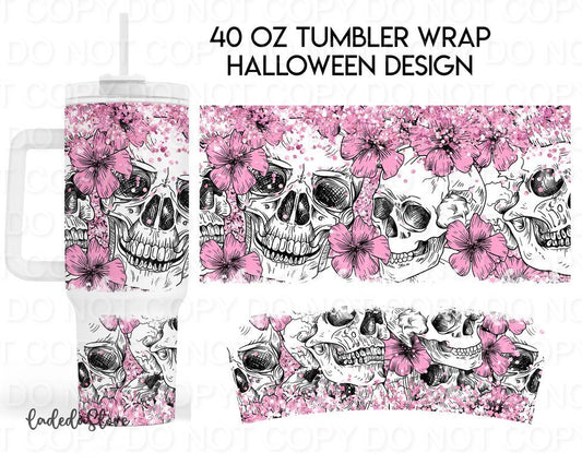 Skulls and Pink Flowers (40 oz Quencher only) (Sublimation Tumbler Wrap)