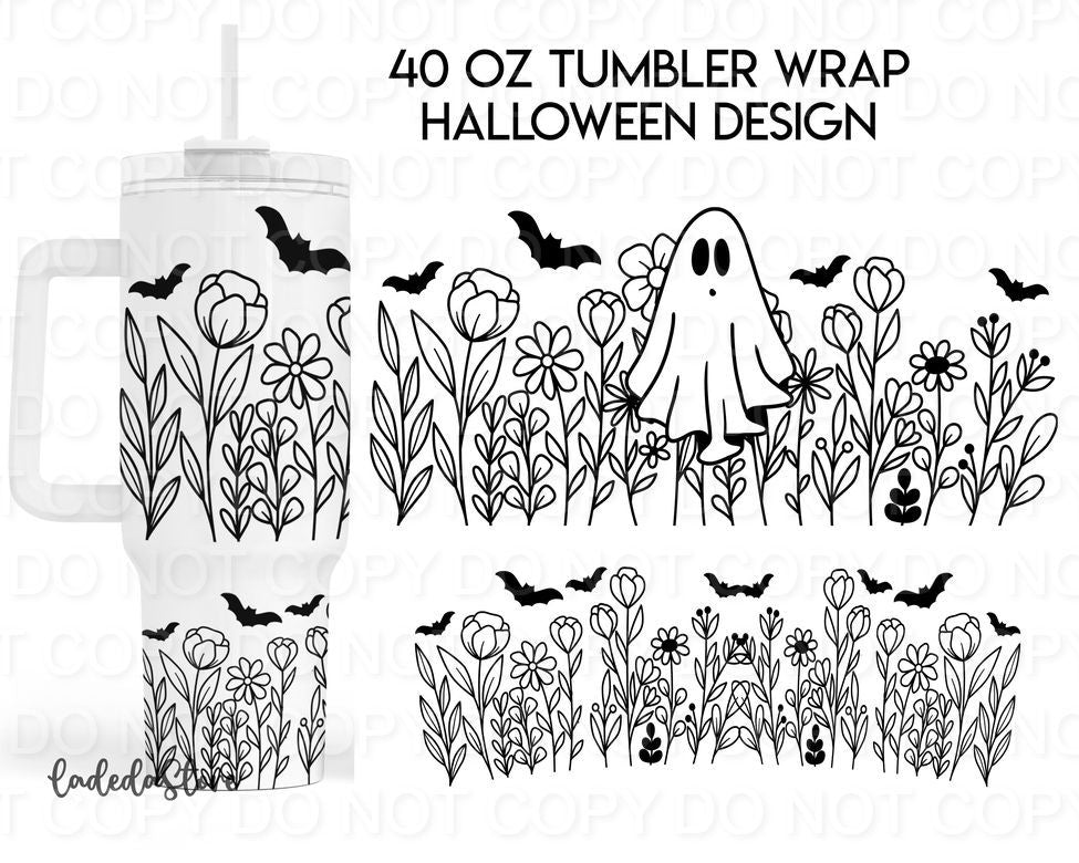 Ghost and Bats in Flower Garden (40 oz Quencher only) (Sublimation Tumbler Wrap)