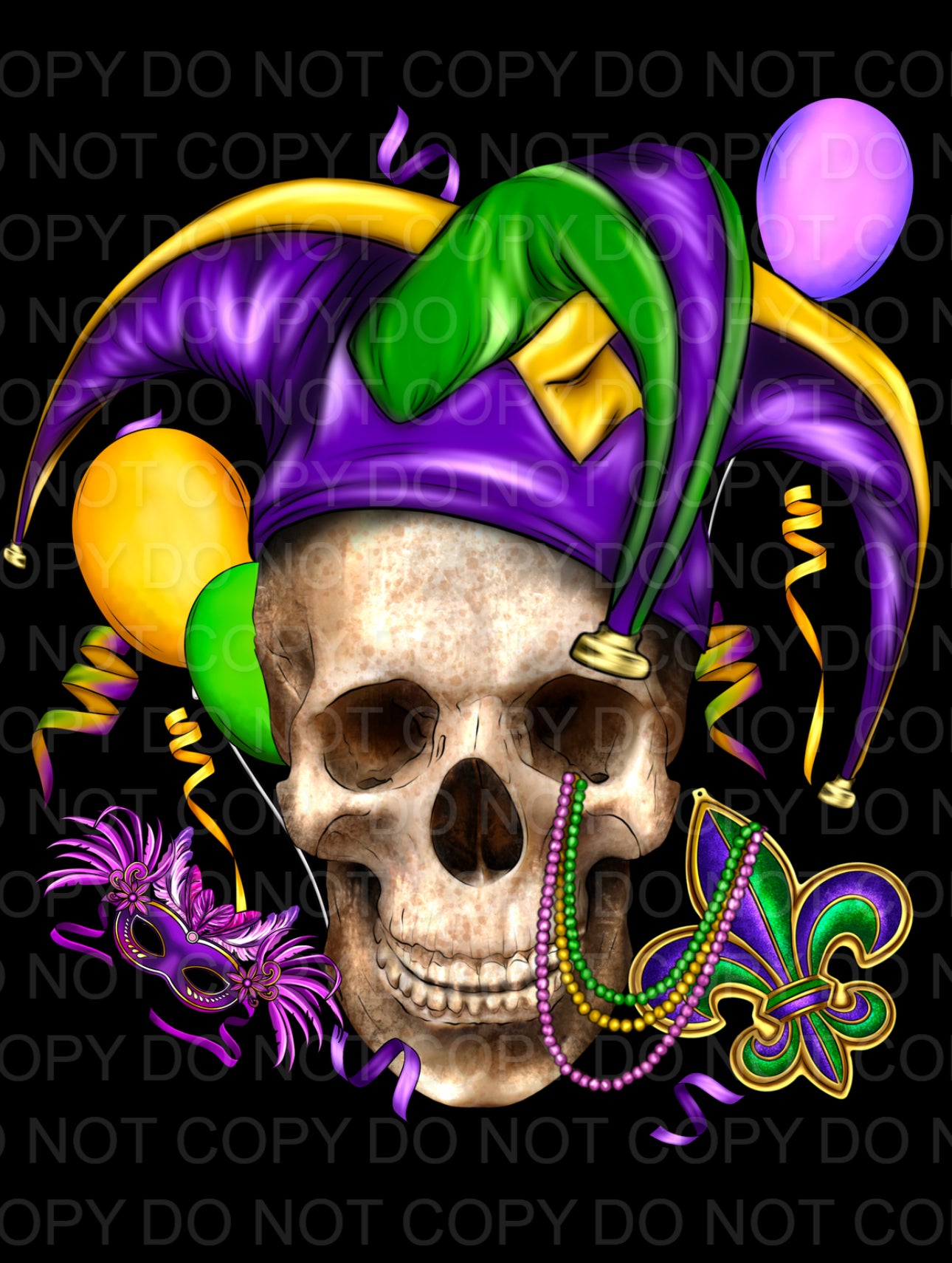 Mardi Gras Skull Jester front facing (Direct To Film)