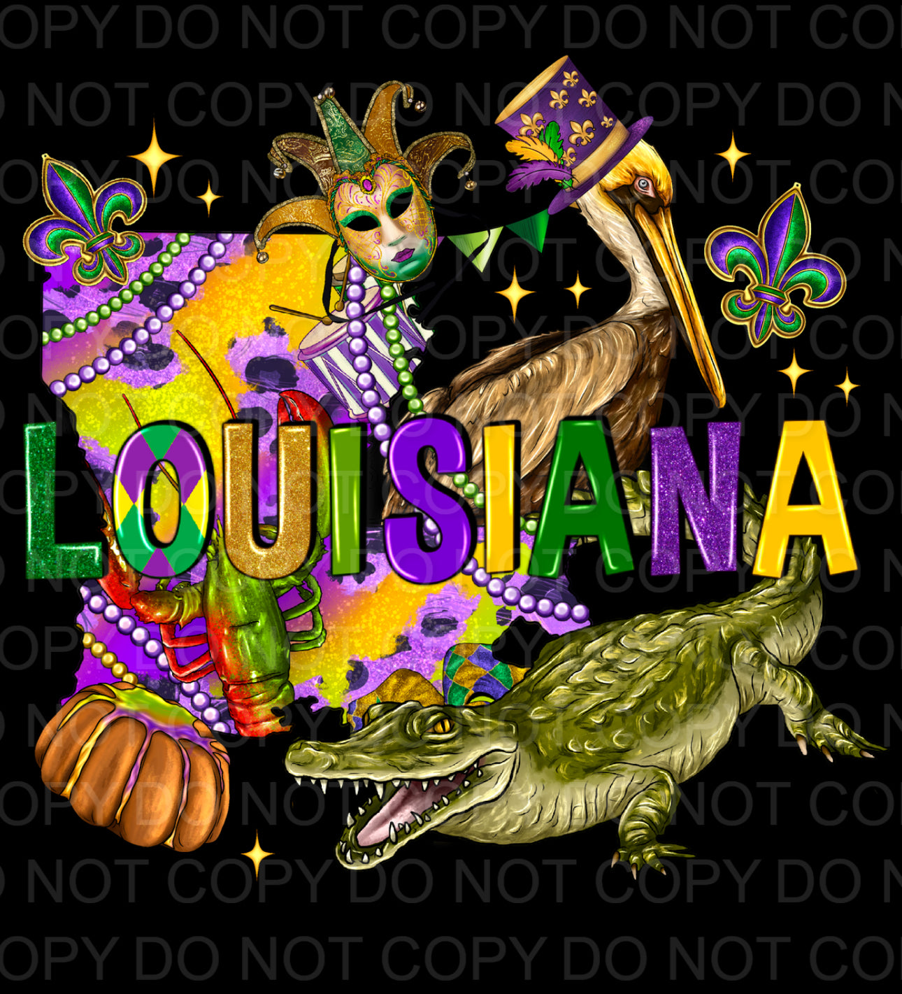 Louisiana Mardi Gras colors with pelican and alligator (Direct To Film)