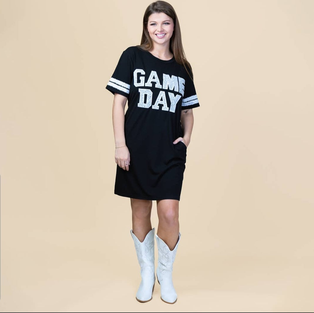 Black Game Day Sequin T-Shirt Dress w/ Pockets