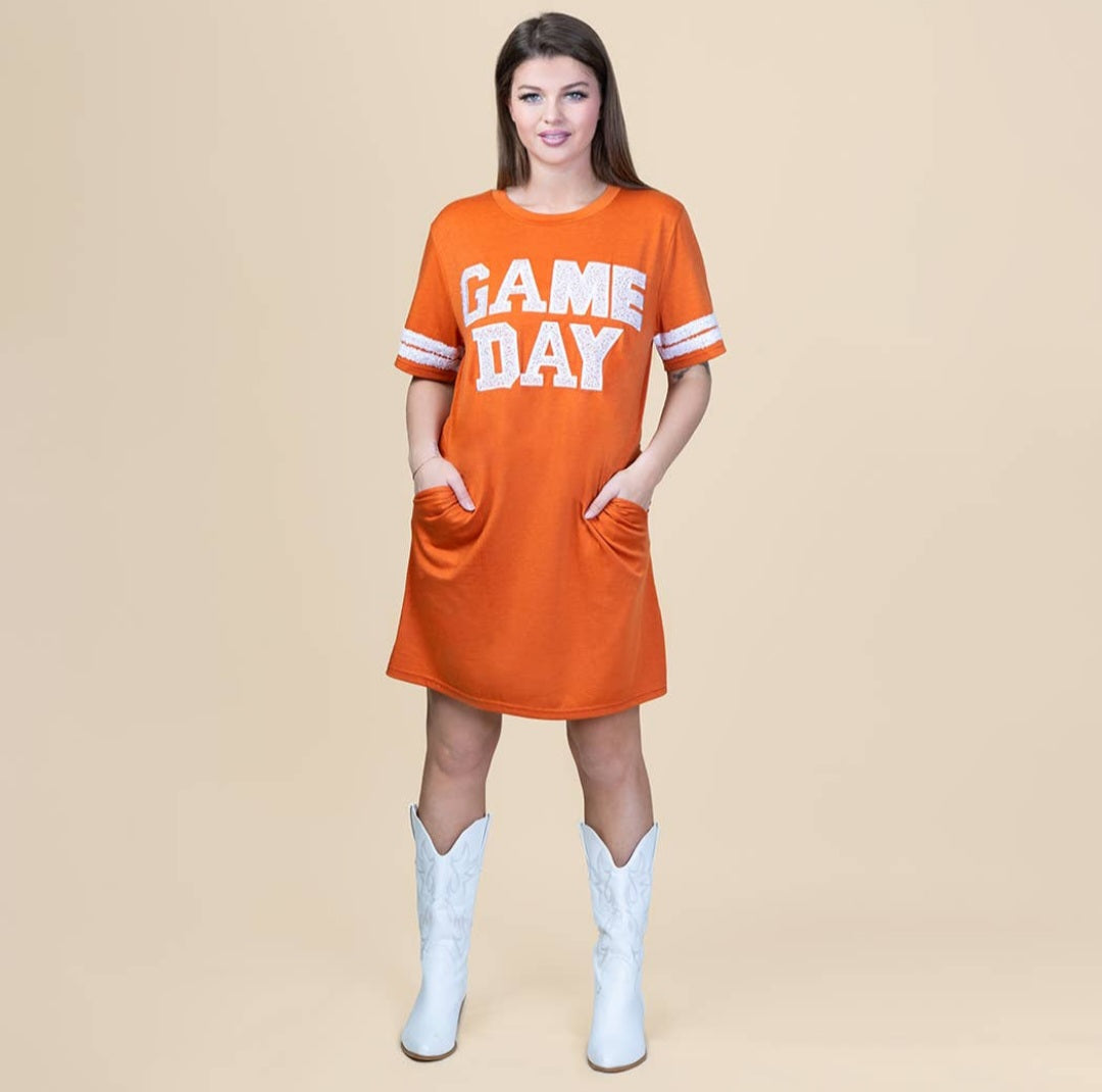 Orange Game Day Sequin T-Shirt Dress w/ Pockets