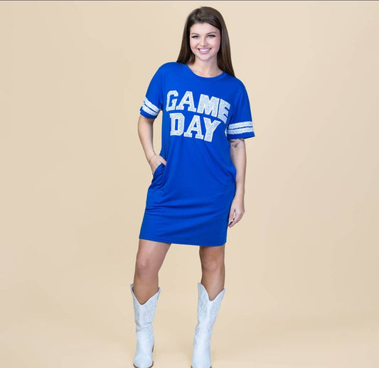 Royal Blue Game Day Sequin T-Shirt Dress w/ Pockets