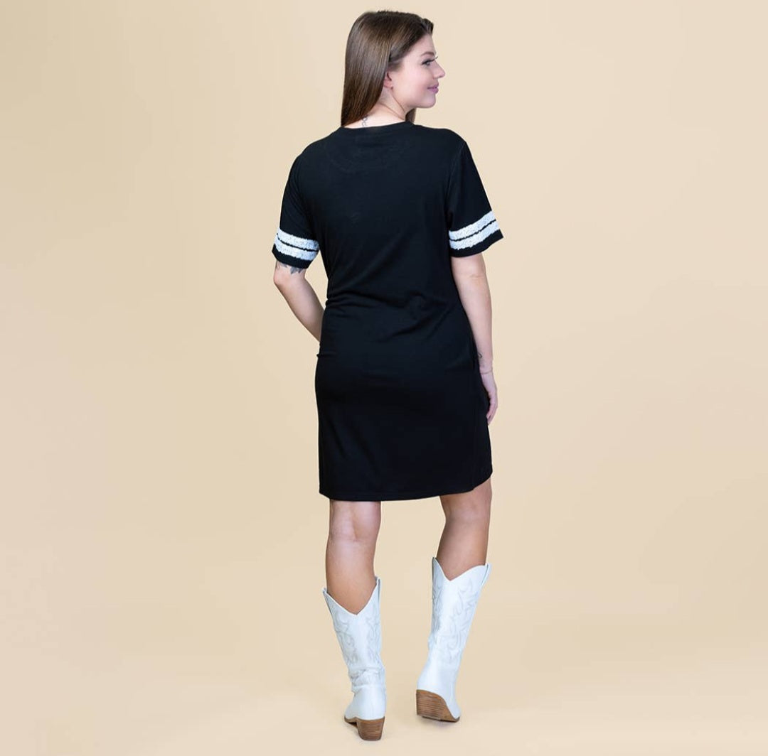 Black Game Day Sequin T-Shirt Dress w/ Pockets