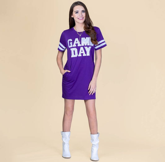 Purple Game Day Sequin T-Shirt Dress w/ Pockets