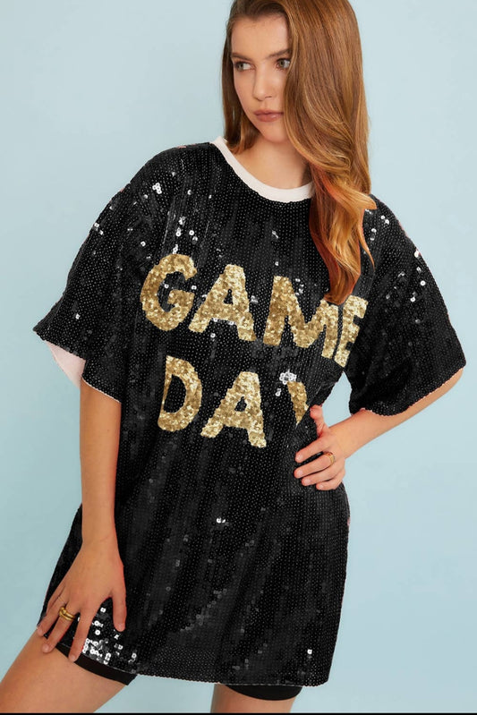 Black & Gold Game Day Sequin Tunic Top