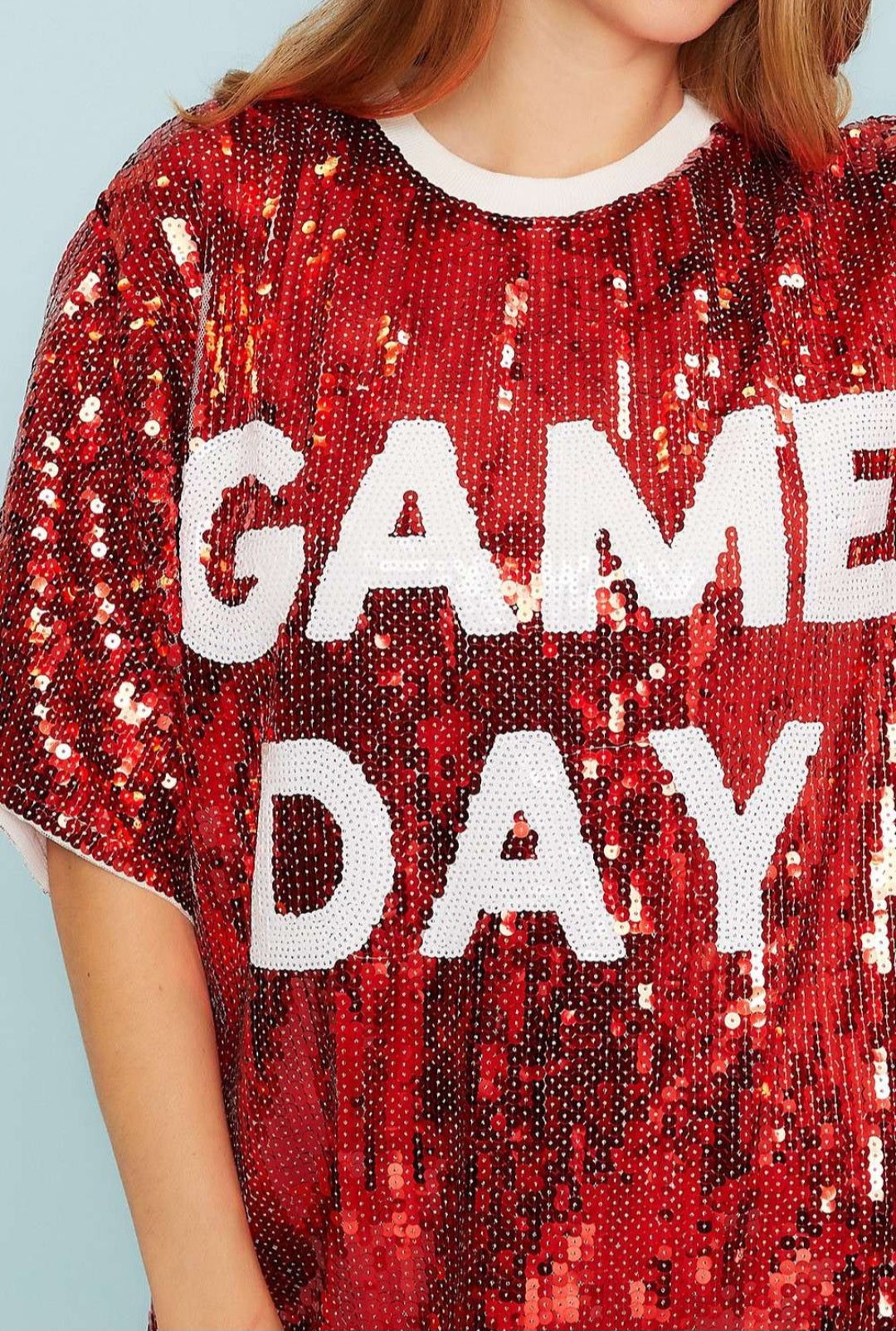 Red & White Game Day Sequin Tunic Top