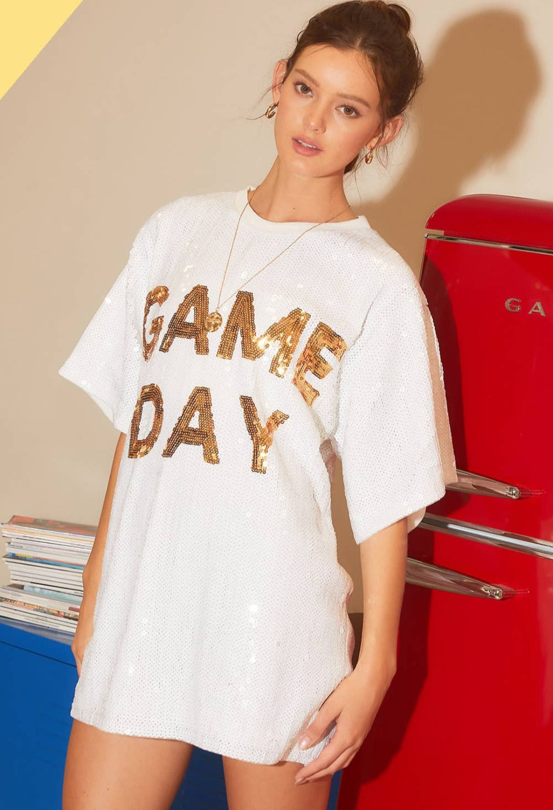 White & Gold Game Day Sequin Tunic Top