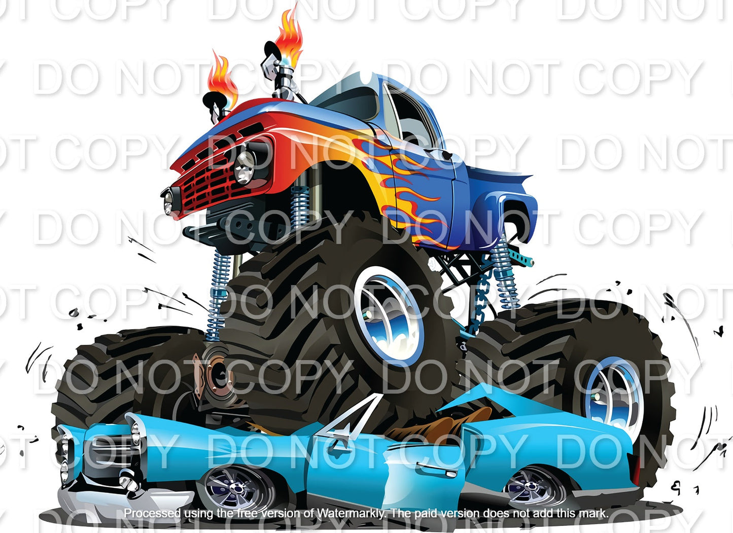 Blue Monster Truck with Flames Crushing Cars (Sublimation)