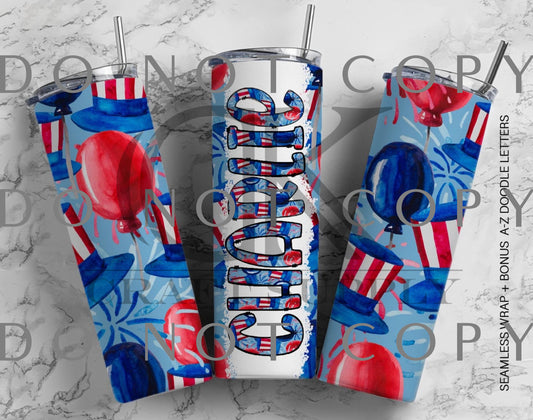 Split Patriotic Balloons and Hats with Name Tumbler Wrap