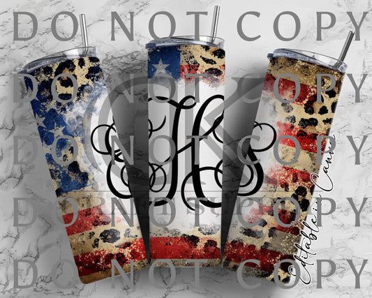 Patriotic with Leopard Monogram (Sublimation Tumbler Wrap)