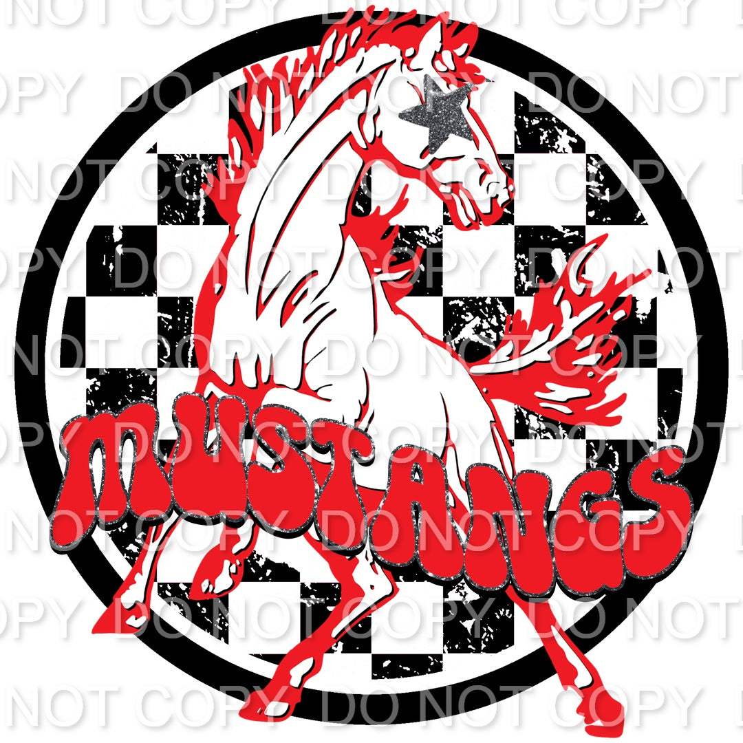 Black & Red Prancing Mustang Preppy Mascot Checkered(Sublimation)