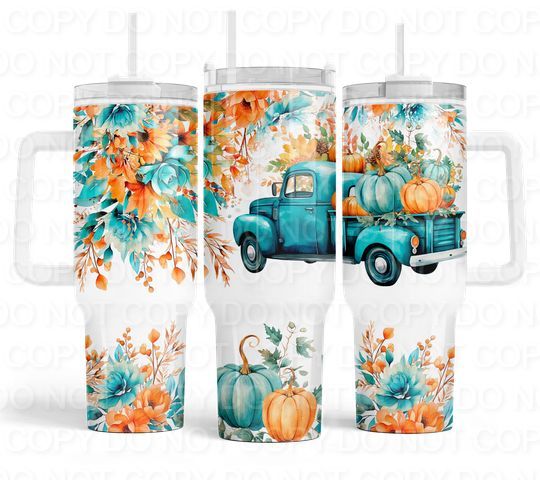 Teal Truck with Pumpkins (40 oz Quencher only) (Sublimation Tumbler Wrap)