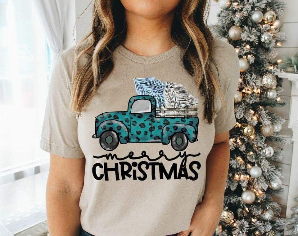 Merry Christmas Teal Truck Full Color (Adult)