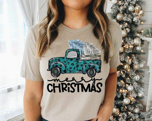 Merry Christmas Teal Truck Full Color (Adult)