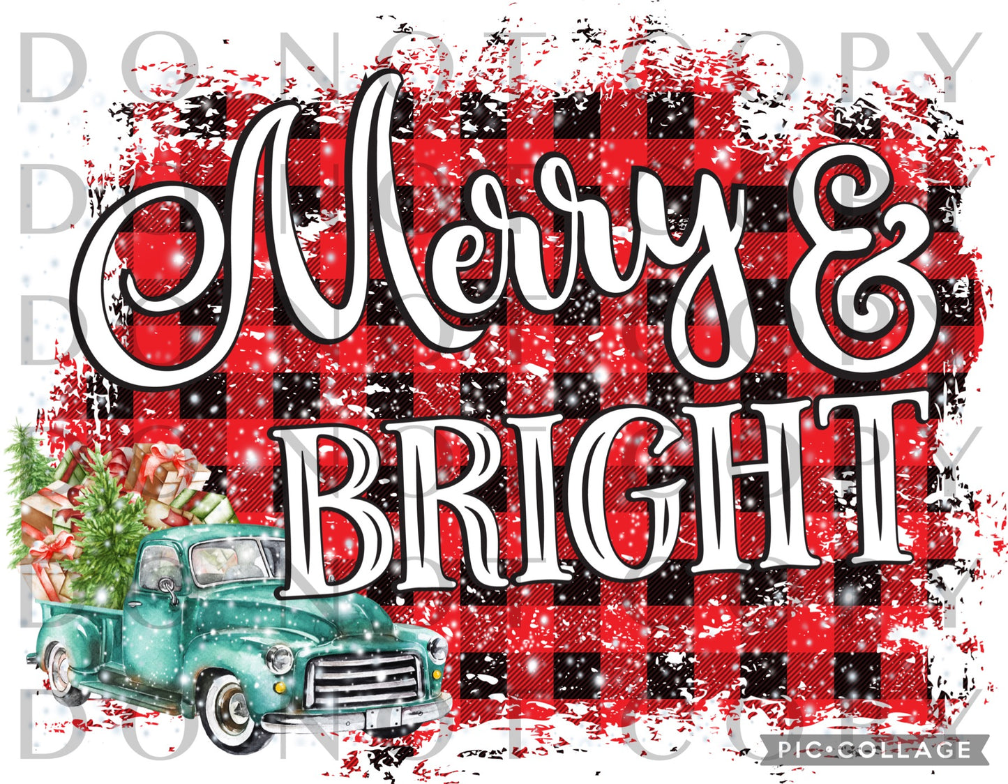 Merry & Bright with buffalo plaid and blue truck (Direct To Film)