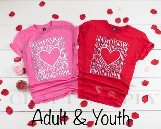 Hugs + Kisses Valentine Word Typography Single Color (Adult and Youth)