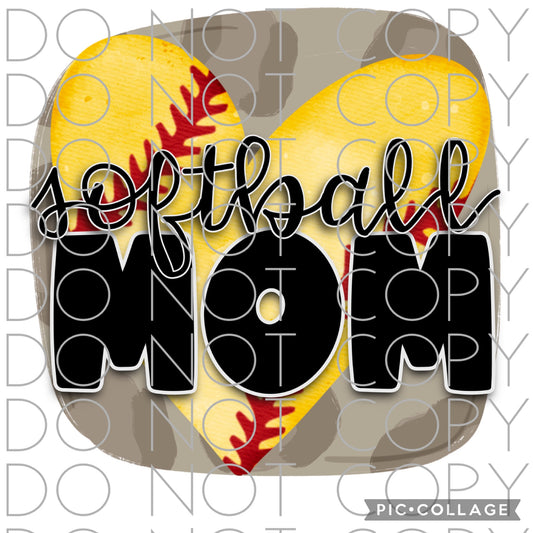 Softball Mom with Camo Background and Softball Heart (Direct To Film)